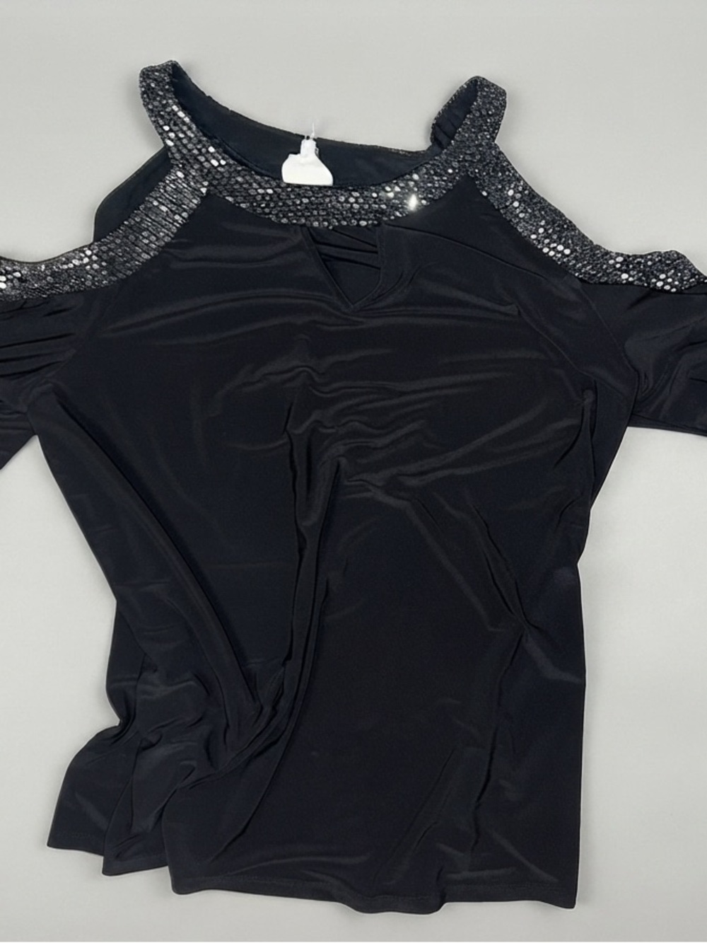 Late August Black Cold-Shoulder Sequin Trim Women's Top